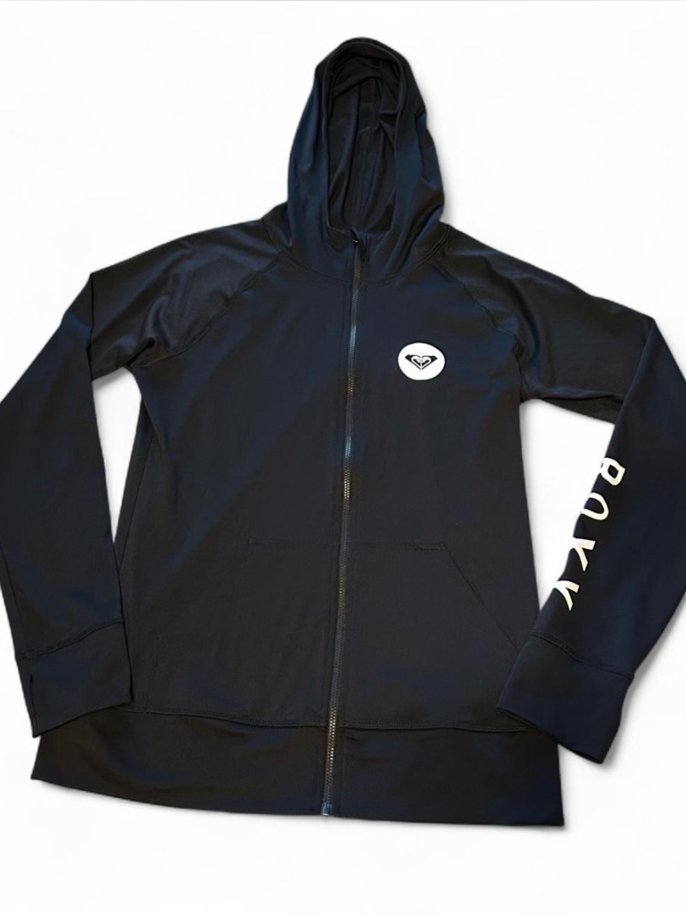 roxy black zip up jacket with white logo/ sleeve writing and thumb loops